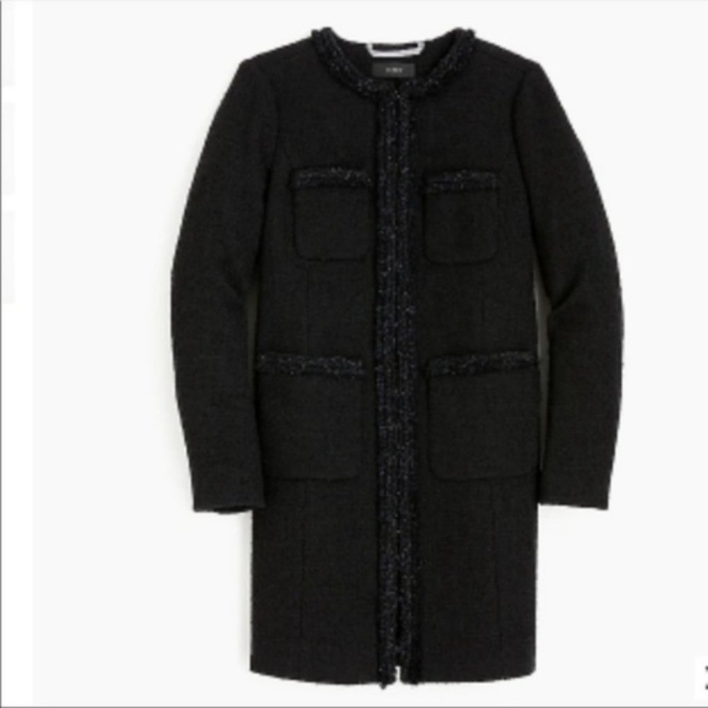 . CREW Black Wool Boucle Metallic Fringe Braided Trim Tweed Lady Coat 4 $298